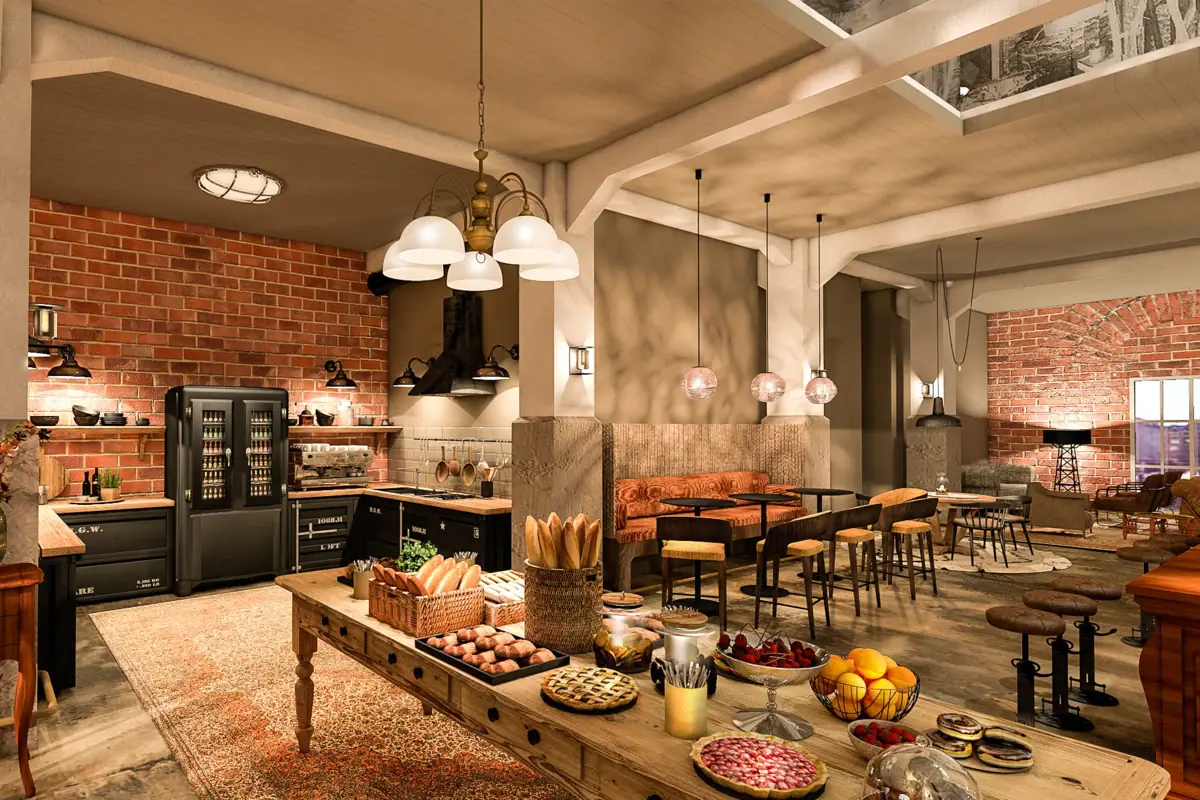 Eine Küche mit einem Tischbuffet voller Lebensmittel.