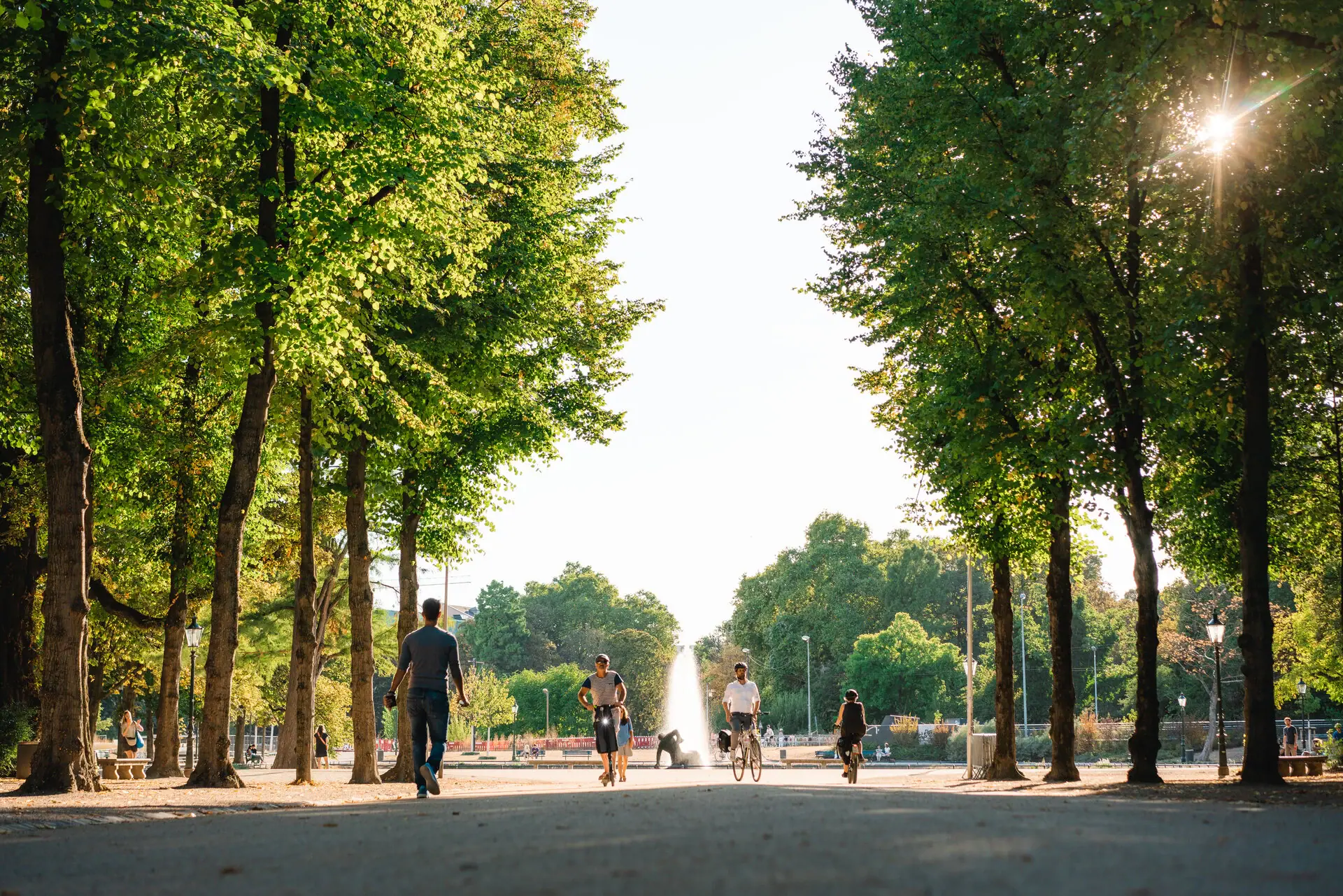 Düsseldorf Eine Gruppe von Menschen fährt auf einem Weg mit Bäumen Fahrrad.