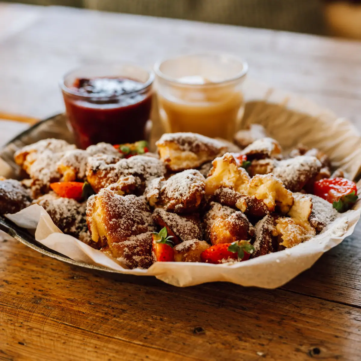Ein Teller mit Essen und zwei Gläsern Marmelade.