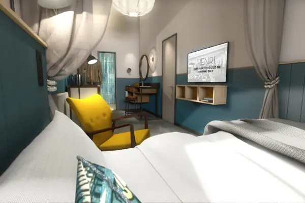 Ein Zimmer mit einem gelben Stuhl und einem Fernseher.