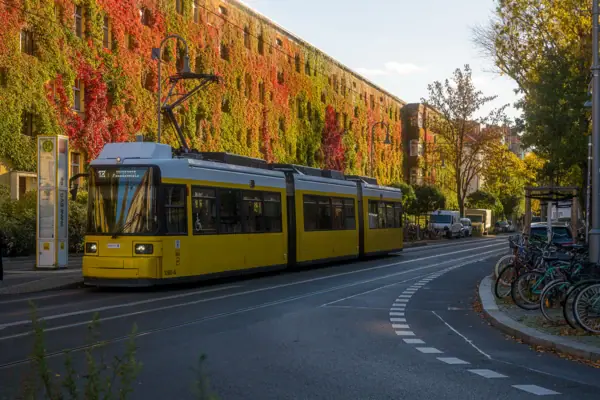 Eine gelbe Berliner Straßenbahn an einer Haltestelle vor einer herbstlich rot-grün bewachsenen Hausfassade unter blauem Himmel.