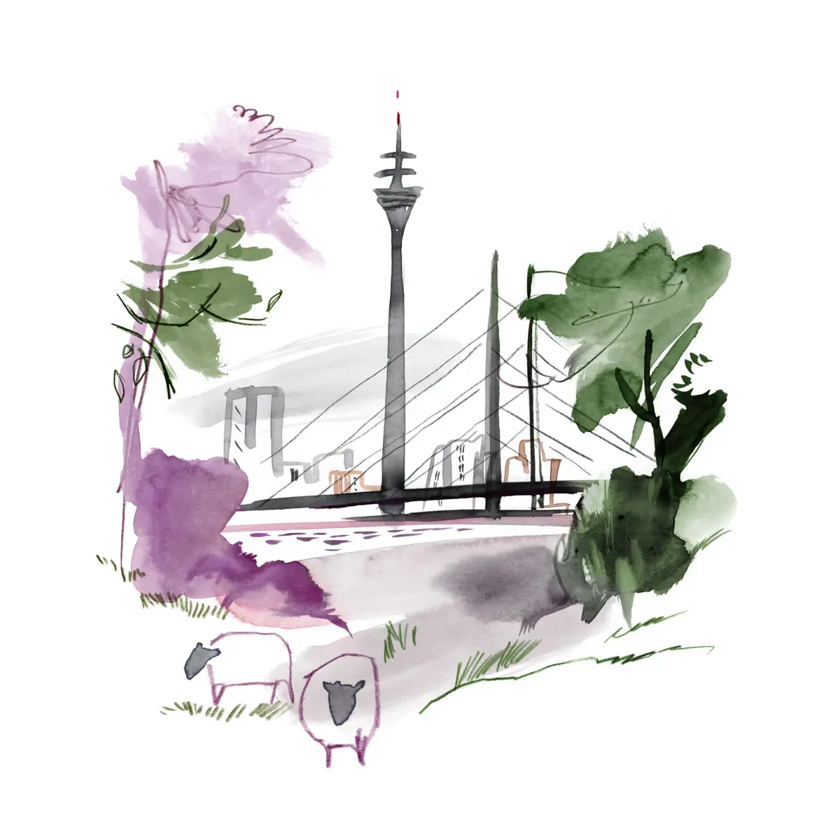 Aquarellzeichnung des Rheinufers mit Brücke im Hintergrund und Schafen vorne