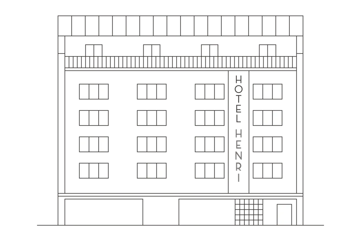 Eine Skizze vom HENRI Hotel Wien mit vielen Fenstern.