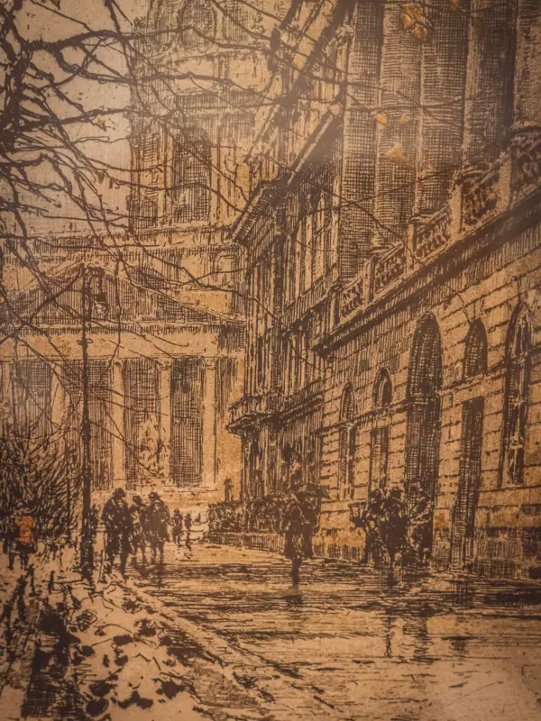 Bild im HENRI Hotelzimmer Zeichnung von Menschen, die auf einer Straße spazieren gehen.