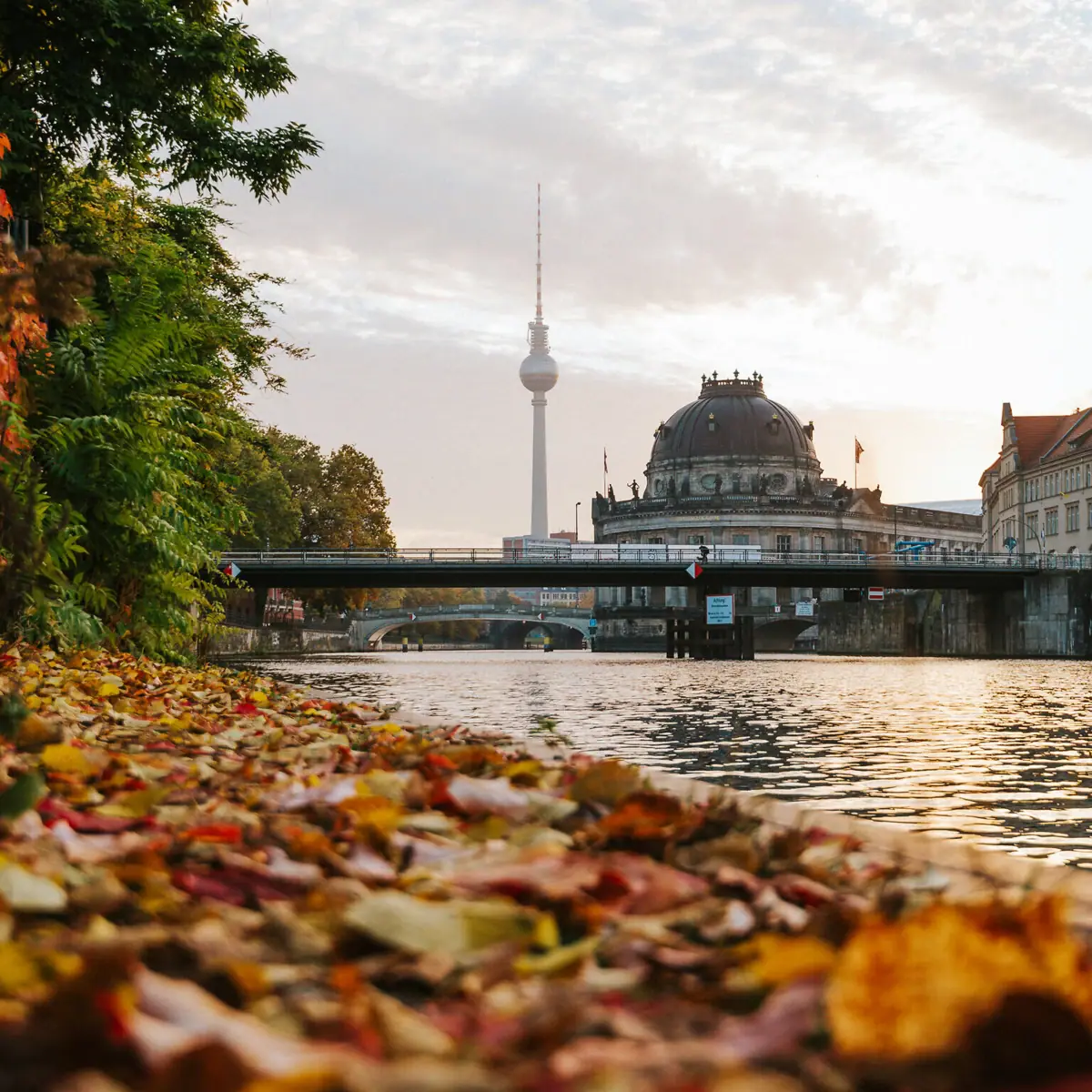 Die Spree mit Brücke und dem Berliner Fernsehturm im Hintergrund, umgeben von herbstlichen Bäumen und Wolken am Himmel.