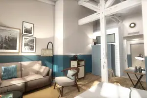 Ein Raum mit einem Sofa und einer Lampe.