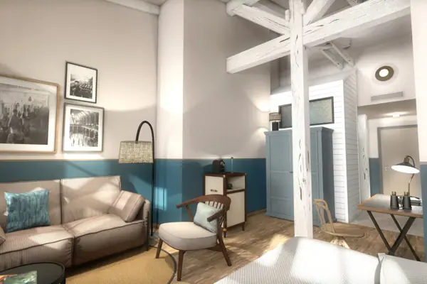 Ein Zimmer mit einer Couch und einer Lampe.