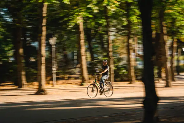 Eine Person fährt Fahrrad durch einen Park.