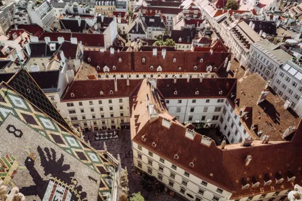 Luftaufnahme einer Stadt mit Gebäuden und Häusern.