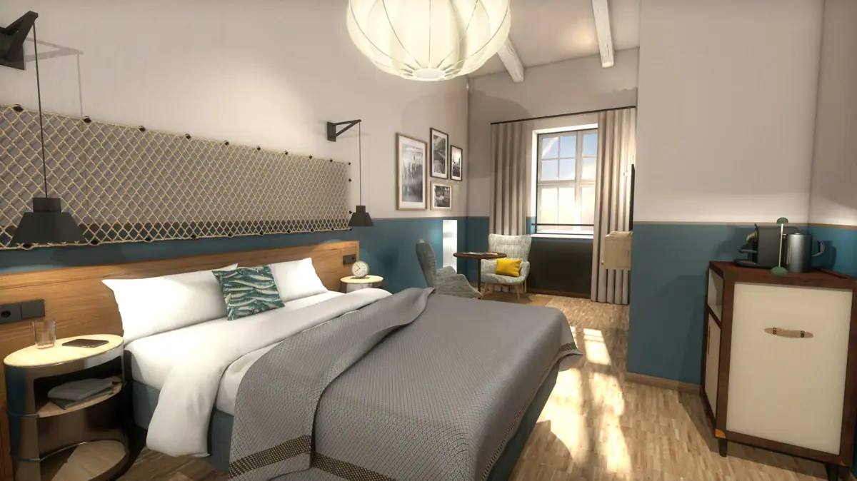 Schlafzimmer mit einem Bett und einem Stuhl.