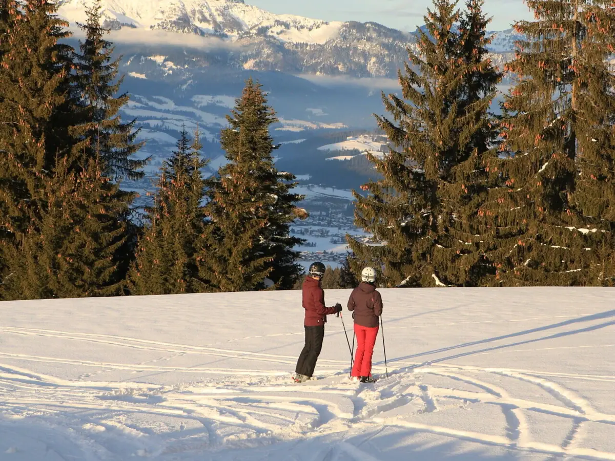 Zwei Personen beim Skifahren im Schnee.