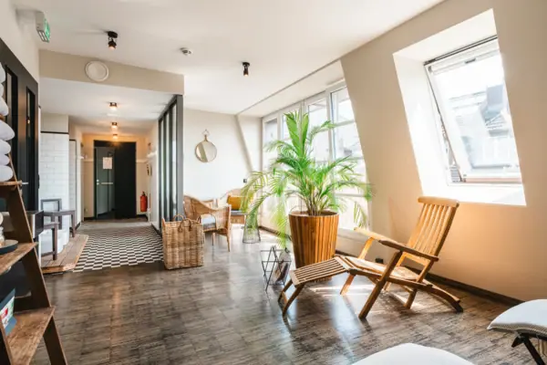 Ein Raum mit Liegestühlen und einer Pflanze.