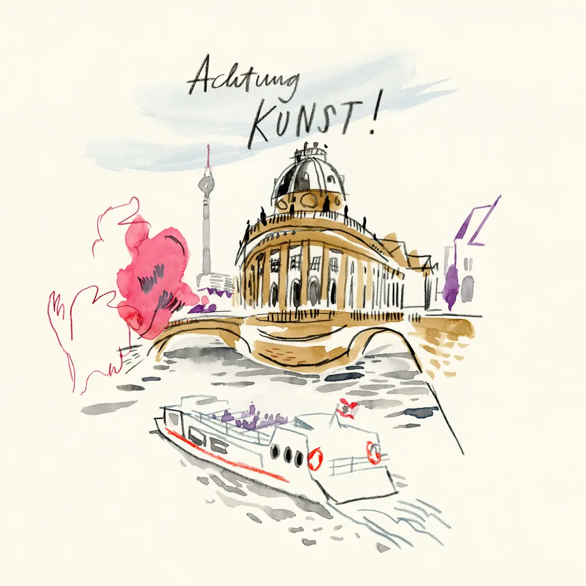 Aquarellzeichnung einer Rundfahrt auf der Spree in Berlin.