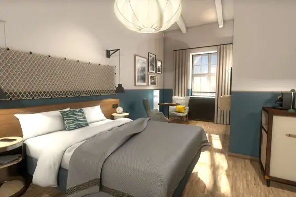 Schlafzimmer mit Bett und Stuhl, stilvoll eingerichtet.