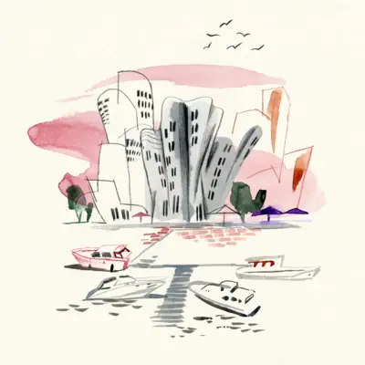 Aquarellzeichnung des Düsseldorfers Medienhafens