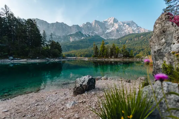 Der Eibsee mit Bäumen und Bergen im Hintergrund