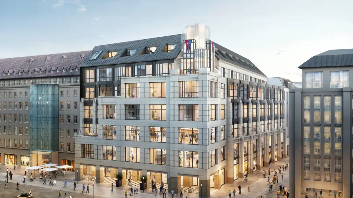 Eine Gruppe von Menschen geht um das HENRI Hotel Leipzig herum.