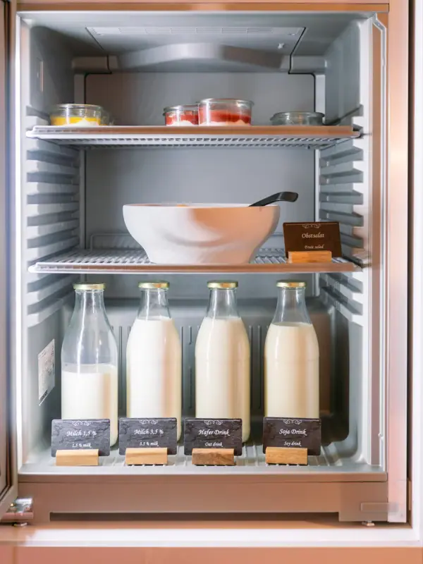Frühstück im HENRI Garmisch-Partenkirchen Ein Kühlschrank mit einer Schüssel und Milchflaschen.