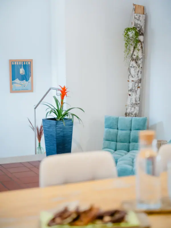 Blaues Sofa mit einer Pflanze in einem blauen Topf.