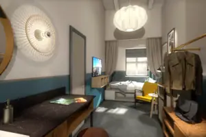 Ein Zimmer mit einem Bett und einem Stuhl.