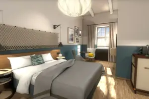 Ein Schlafzimmer mit einem Bett und einem Stuhl.