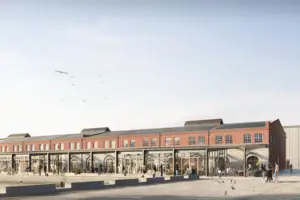 Ein Gebäude mit Menschen davor.