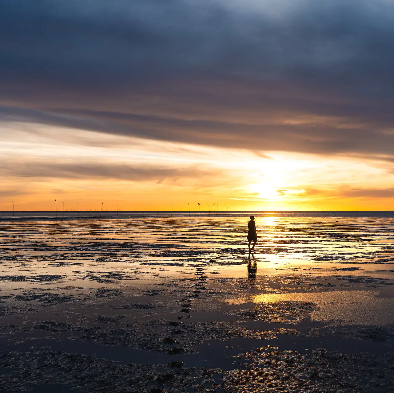 Das Wattenmeer in Cuxhaven bei Sonnenuntergang.