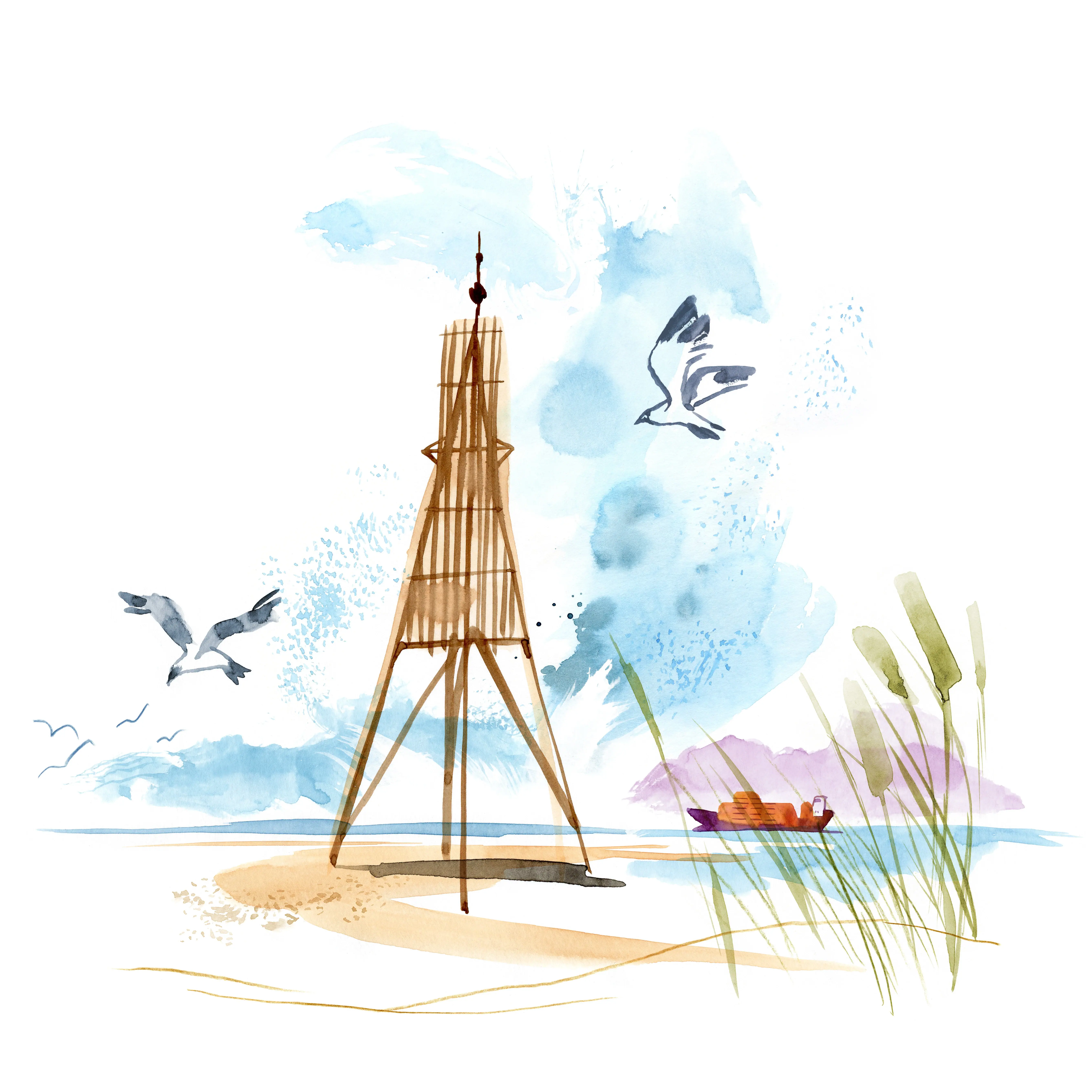 Eine Illustration von der Kugelbake in Cuxhaven.
