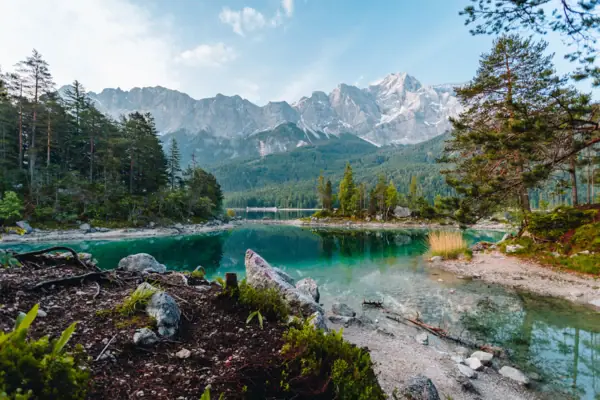 Ein See umgeben von Bäumen und Bergen.