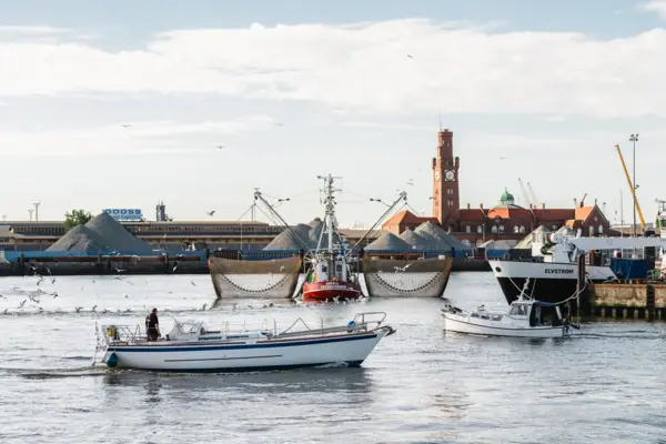 Boote im Hafen von Cuxhaven mit einem Gebäude im Hintergrund