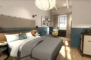 Schlafzimmer mit einem Bett und einem Stuhl