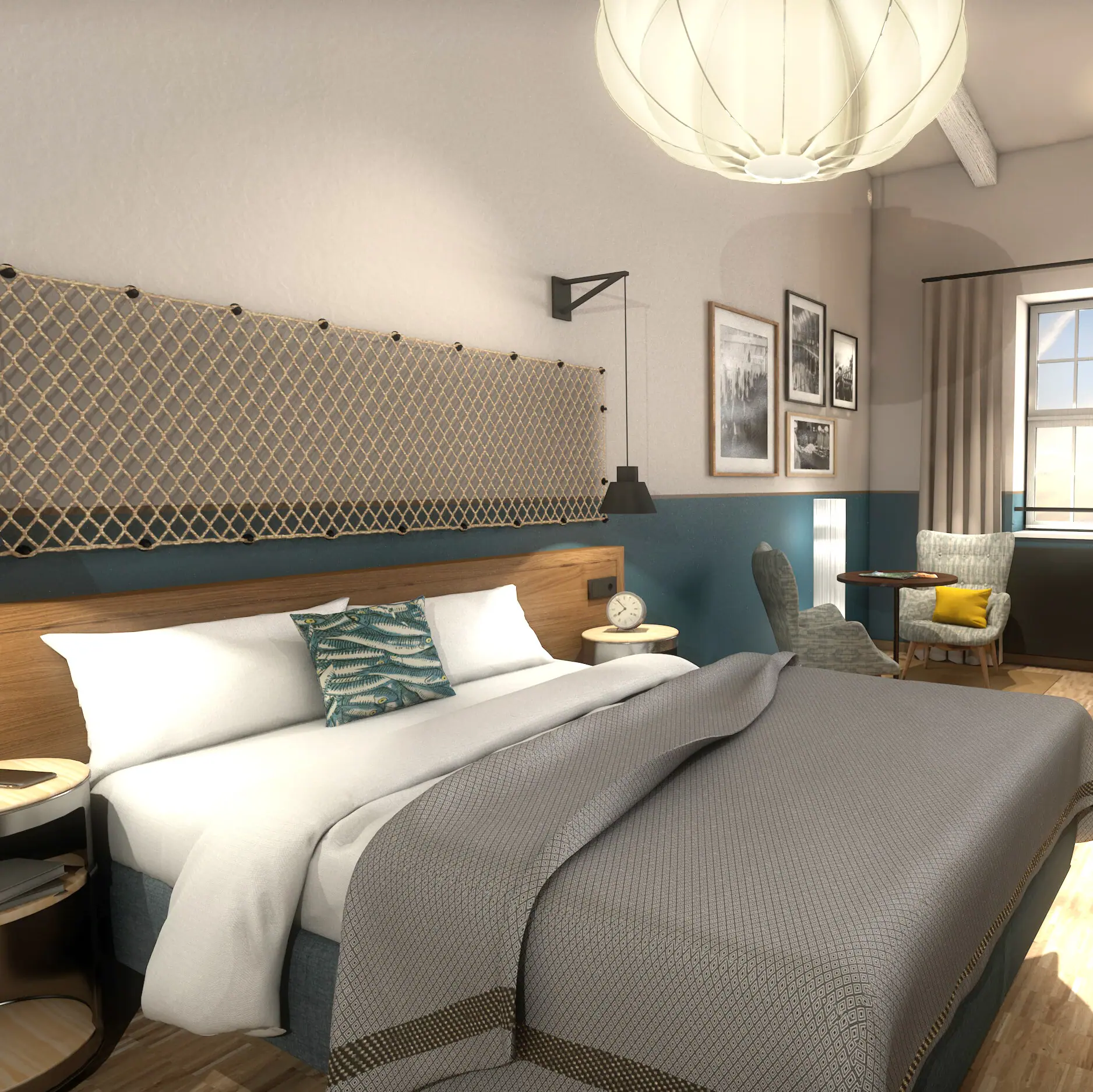 Schlafzimmer im HENRI Hotel Cuxhaven mit Bett und Stuhl